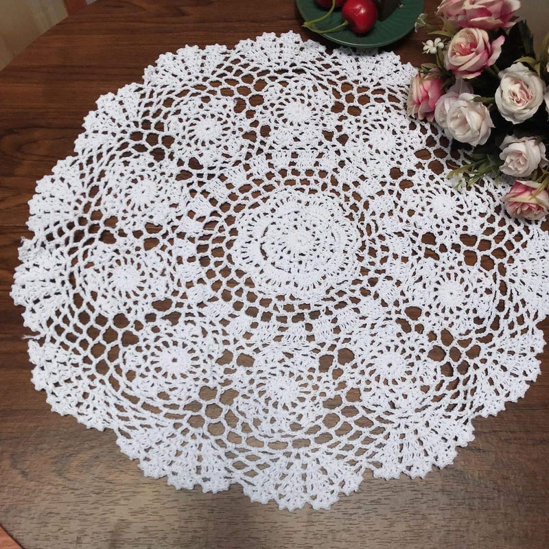 Damanni White Cotton Handmade Crochet Lace Tablecloth Doilies Table Overlay,Round,16 Inch,2PCS - Image 1